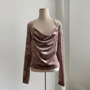 Free People Perfect Date Cowl Neck Velvet Top in Taupe Stone